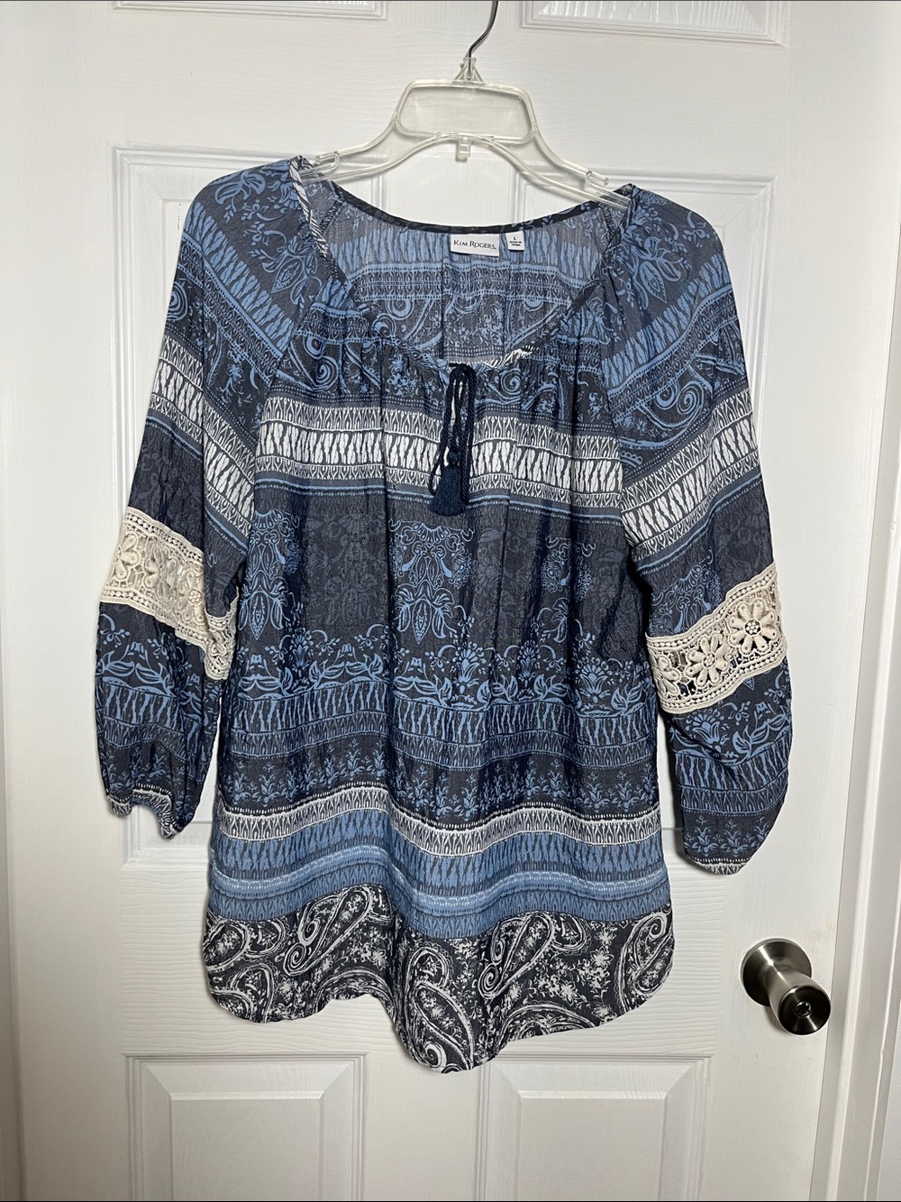 Kim Rogers Blue Patterned Peasant Blouse with Cream Lace